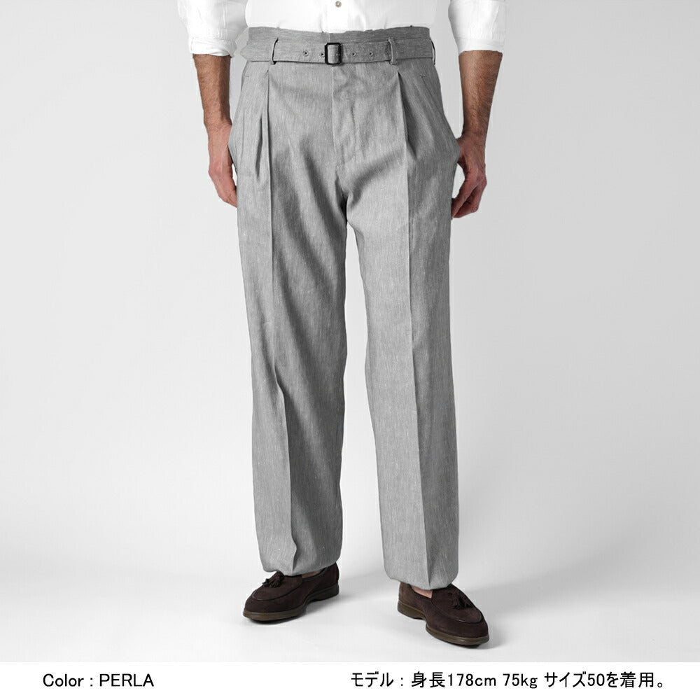 エキパージュ EQUIPAGE ベルテッドパンツ リネン スラックス ワイド PROTEO 687 ウール ストレッチ リネンウール 25春夏 メンズ ベルテッド ベルト ワイドパンツ カジュアル ビジネス イタリア ホワイト グレー リネンパンツ