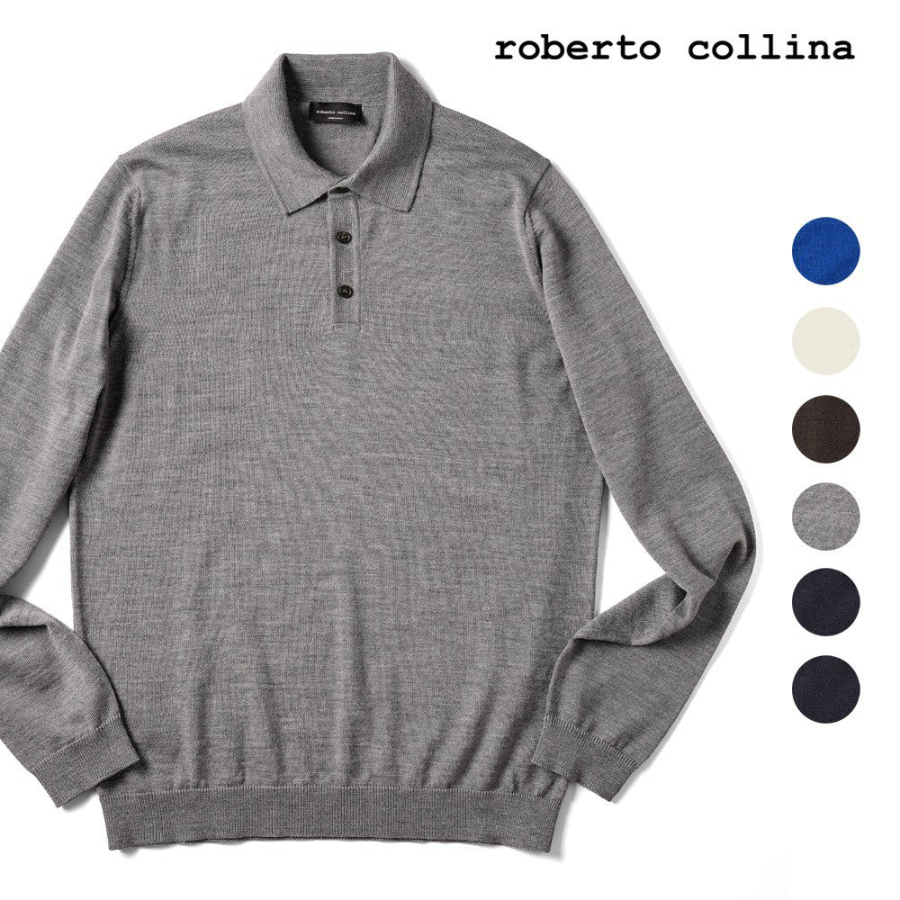 ロベルトコリーナ 長袖 ニットポロ 1004 ハイゲージ ブラウン ブラック ネイビー オフホワイト グレー ブルー 秋冬 roberto collina ポロ ニット ポロニット メンズ ニット インポート イタリア セーター ハイゲージ