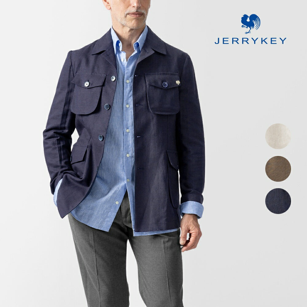 ジェリーケイ JERRY KEY サファリジャケット リネン WILD-JACKET 3362-93267 25春夏 ネイビー ベージュ ブラウン リネンジャケット ブルゾン メンズ カジュアル ブランド イタリア 麻